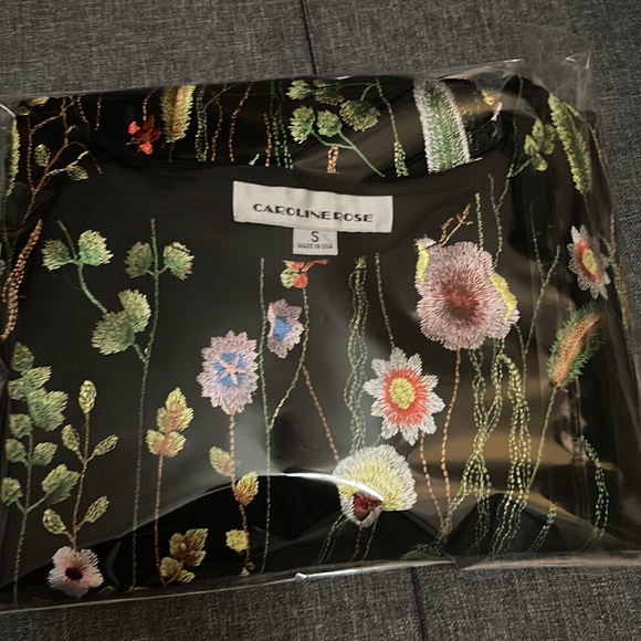 Caroline Rose Garden Walk Embroidered Tunic Sheer 3/4 Sleeves Floral Black Multi - Picture 3 of 10